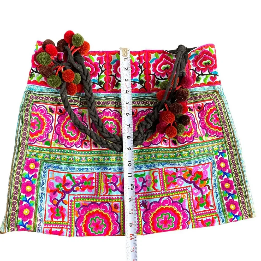 Boho Embroidery Multi-Color Flowers Weekender Hobo Tote Pom-Poms Inside Zip #02 - Picture 5 of 15